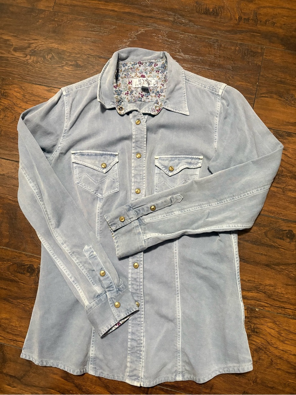 Light Wash Button-Down Shirt with Floral Collar Trim